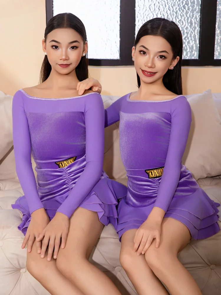 Robe de danse latine pour filles, vêtements de Performance pour enfants, vêtements d'entraînement Cha Cha Rumba, manches longues, ensemble Latin violet, nouvelle collection 2025 VBH2193