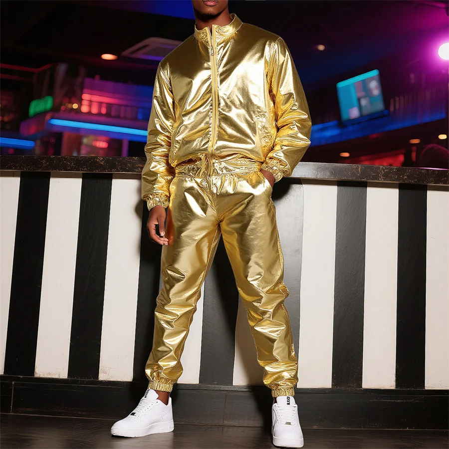 

Shiny Gold Men's Stage Performance Suit Set Stand Collar Jacket and Long Pants Stylish Casual Outfits Sports Suit Tracksuit