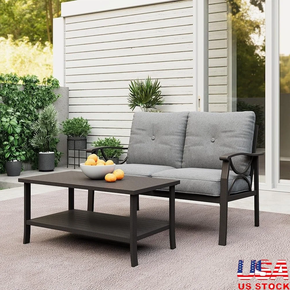 

Outdoor Patio Conversation Set 2 Piece Metal Loveseat and Table with Cushions Comfortable Backyard Relaxation
