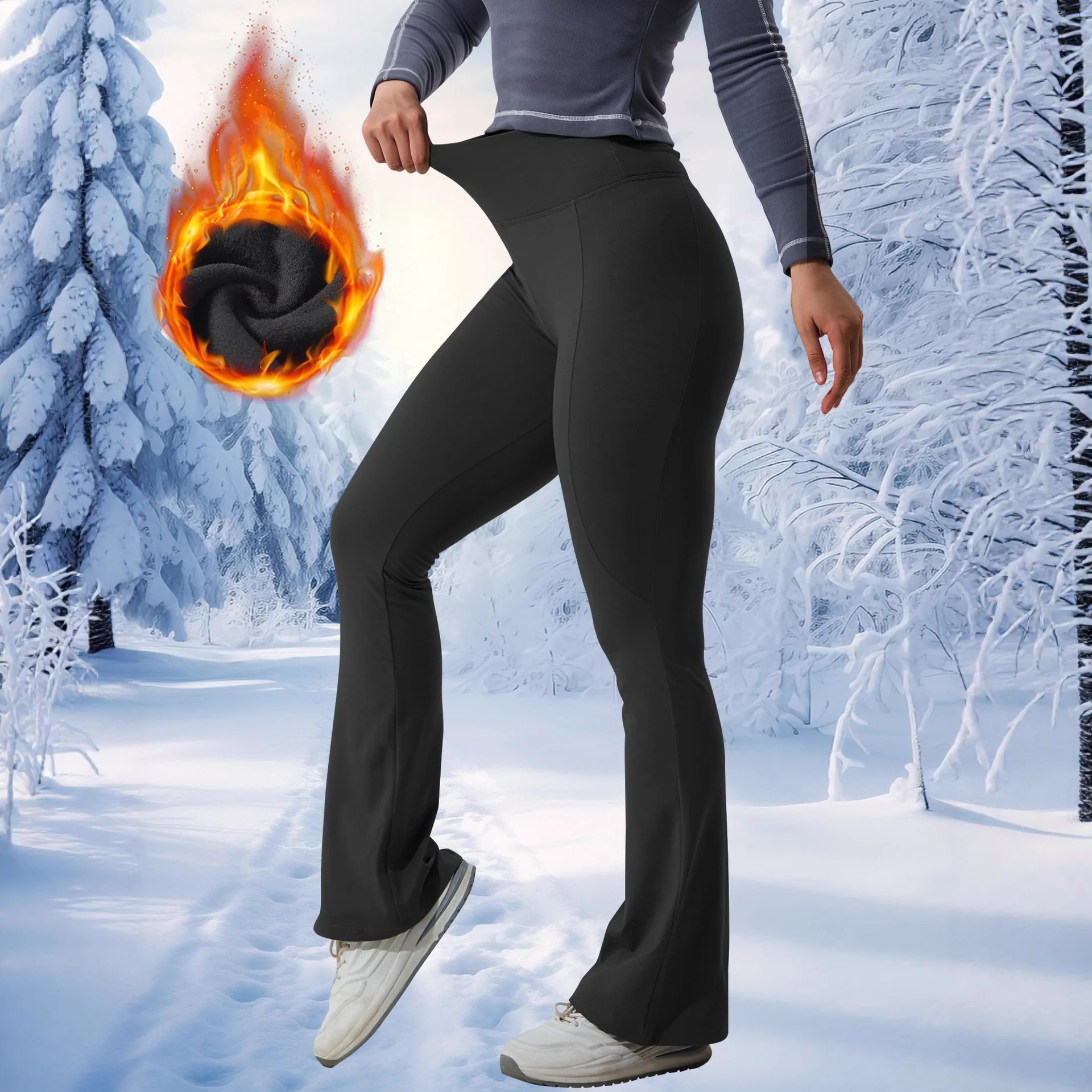 Women High Waist Naked Feeling Fleece Lined Flared Yoga Pants Back Waist Pocket Butt Lifting Bootcut Workout Trousers