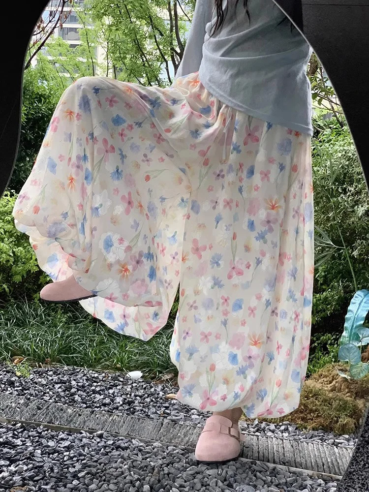   아이스 실크 하이웨이스트 플라워 버드 스커트 팬츠 여성 여름 신상 디자인 플로럴 페어리 쿨 쿨 팬츠 캐주얼 스트레이트 레그