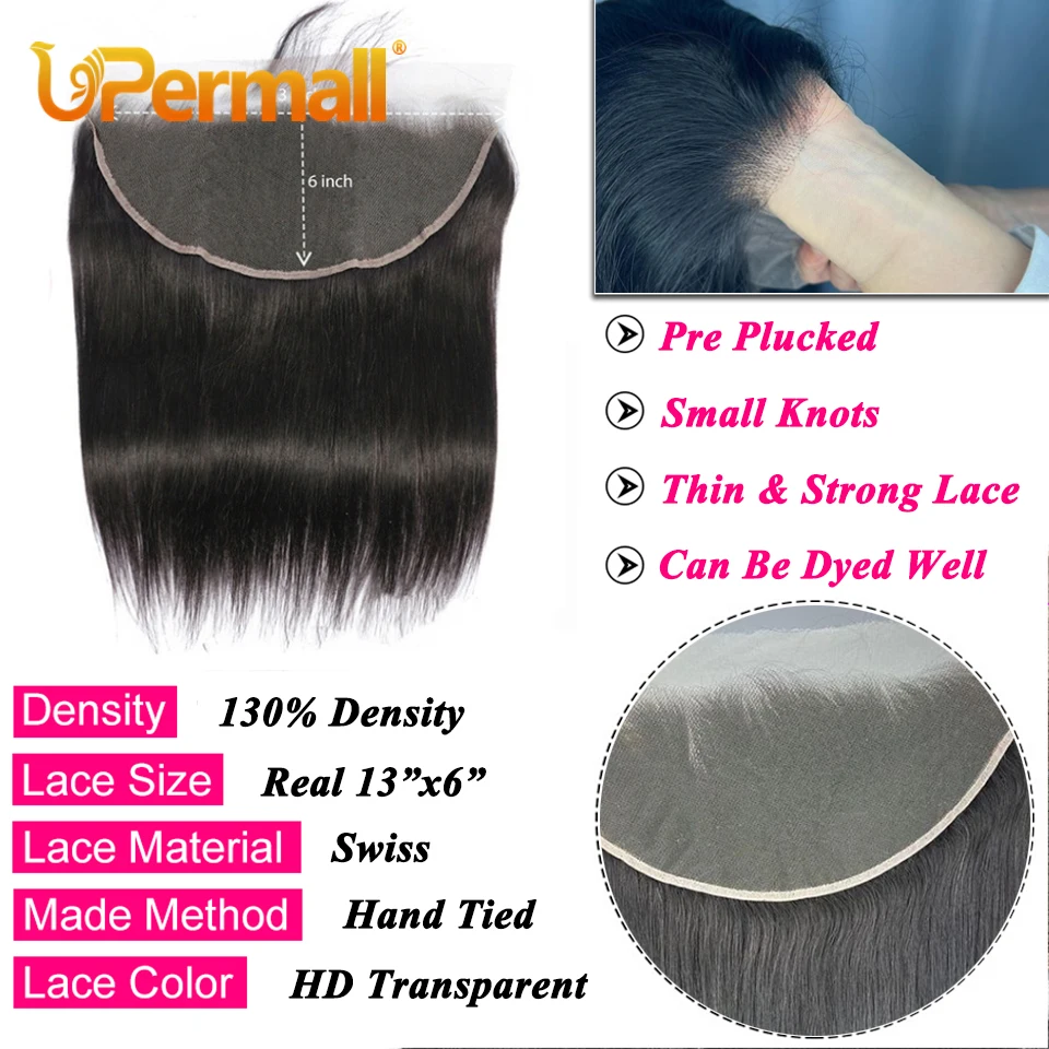 Upermall 13x6 Lace Frontal Straight Pre Plucked Swiss HD Transparent Full Front Only Natural Black 100% Remy Human Hair On Sale