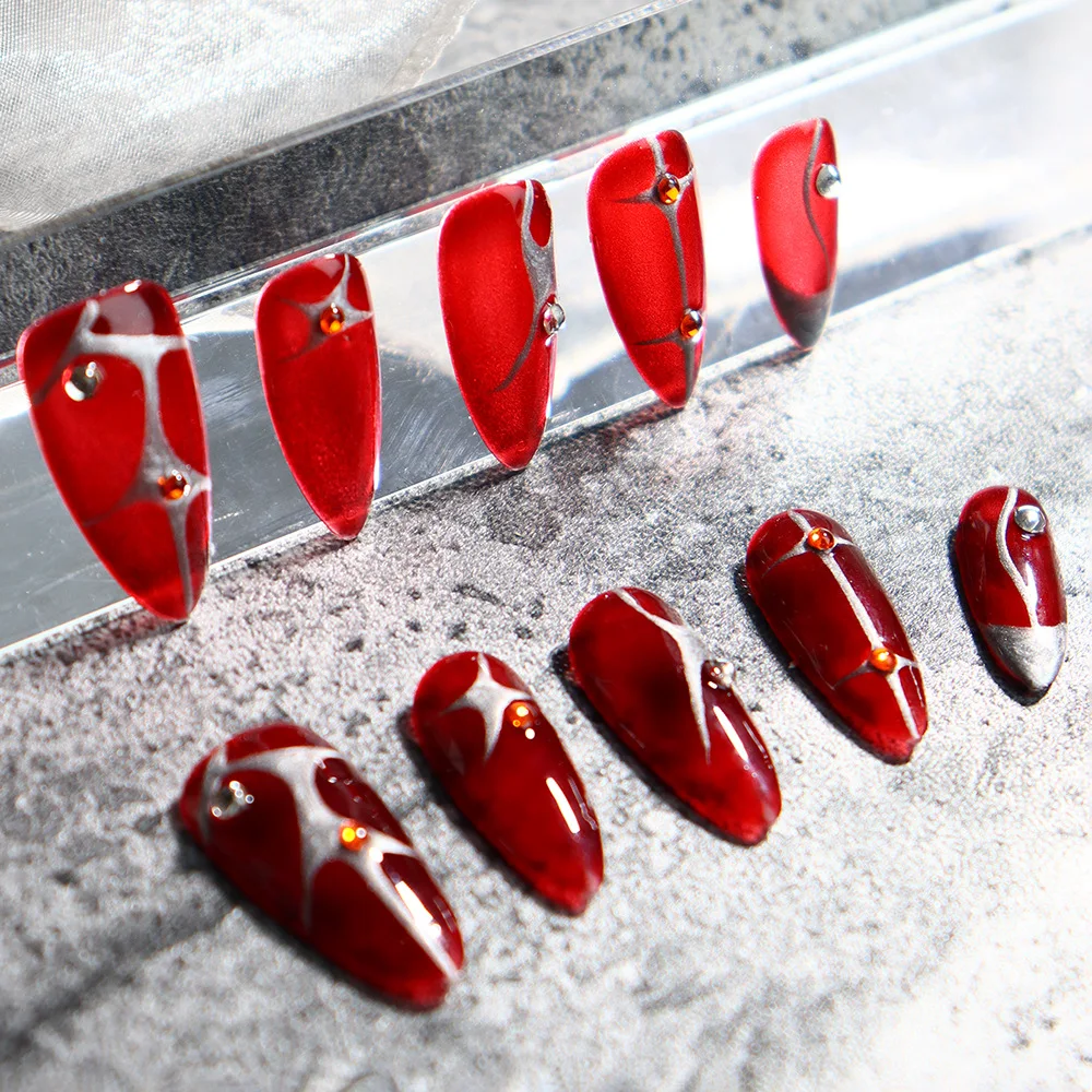 10pcs Handmade Press on Nails Y2K Almond Shaped Blood Red Wearing False Nails Halloween Hand-painted Flame Y2k Cool Fake Nails