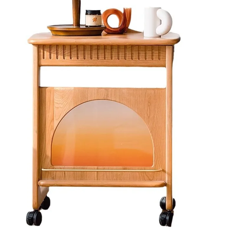 

Cherry wood mobile small coffee table, bedside solid wood square table sweeping robot storage rack