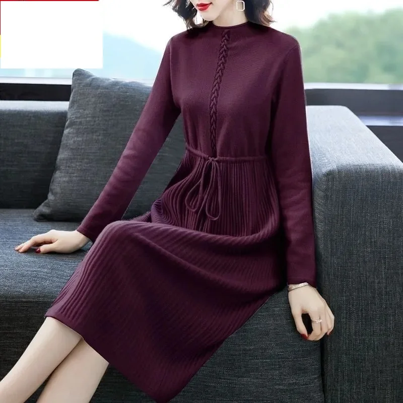 Woolen Sweater Dress Mid to Long Women's Autumn And Winter Drawstring tie Waist Cinching Slimming Effect Base Knit Woolen Dress