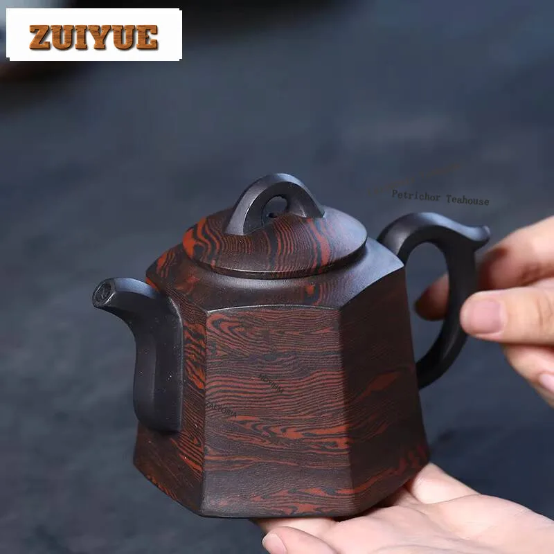HOYIHM 280ml High-end Yixing Purple Clay Teapots Handmade Hexagonal Pot Raw Ore Twist Mud Kettle Chinese Zisha Tea Set