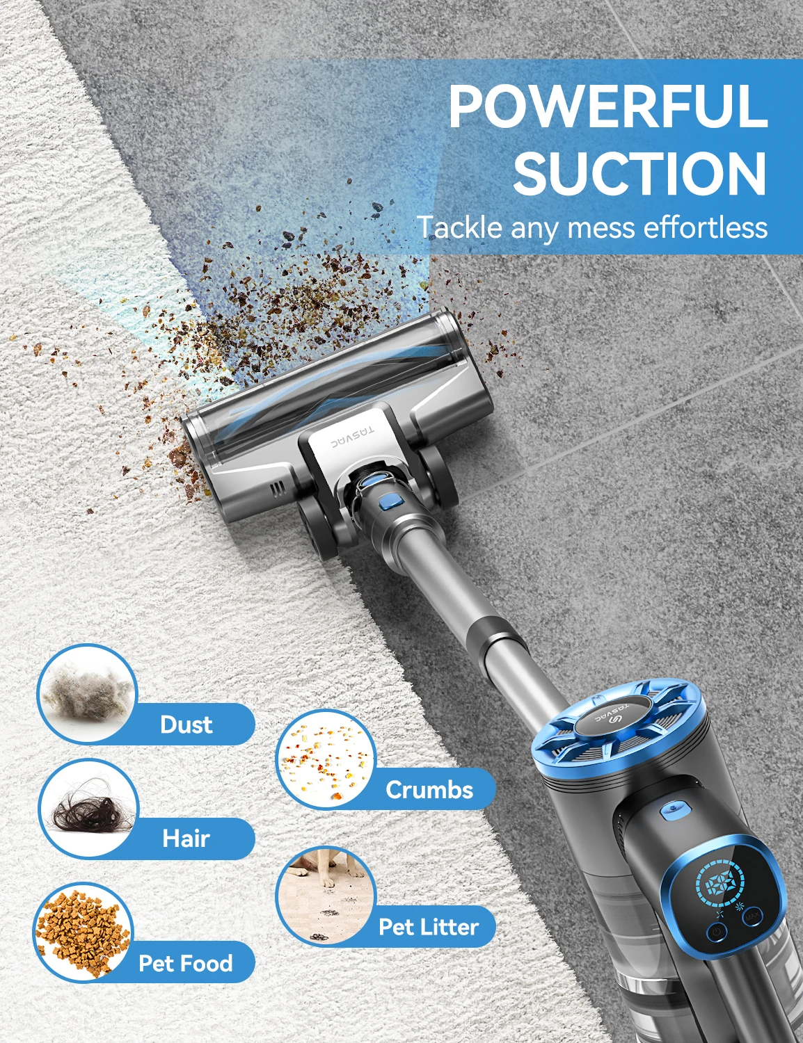 TASVAC N9 Cordless Vacuum Cleaner for Home, 8 in 1 Lightweight Stick Vacuum with LED Display