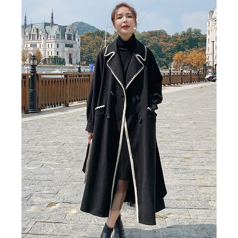 Winter Black Trench Coat For Women Elegant Fashion Korean Casual Wool Coat  Lace-up Long  Jacket Woman Wollen Coat With Blet