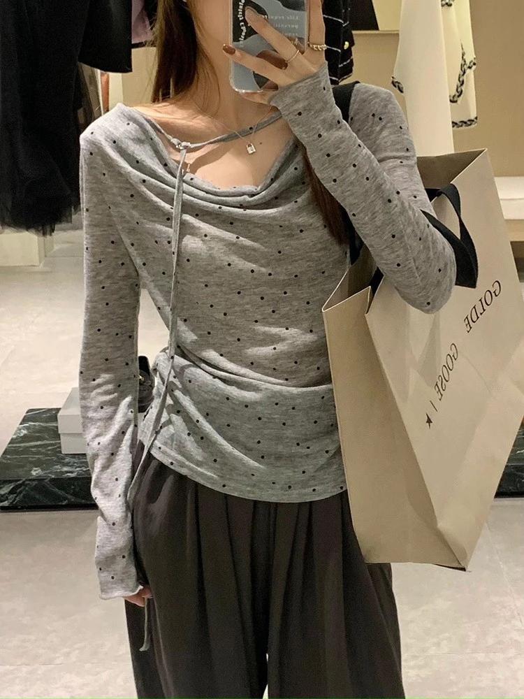 Polka Dot Lace-up Long Sleeve T-Shirt Summer Thin One-Shoulder Women's T-shirt 2025 Slim Women Tops Korean Style Women Clothing