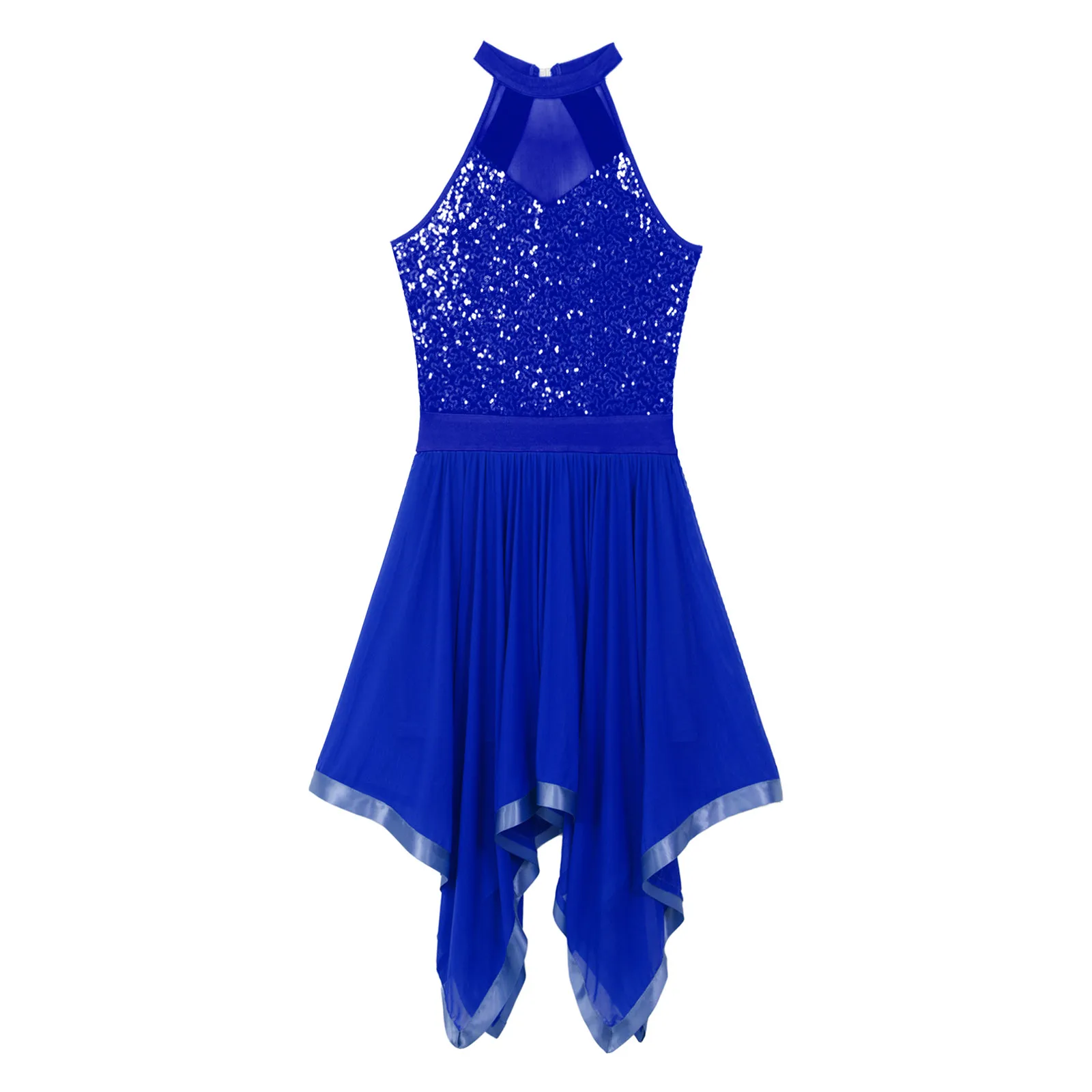 Vestido feminino brilhante de lantejoulas para patinação artística, vestido de dança contemporânea, acadêmico, assimétrico, malha, ginástica, collant, vestido de dança