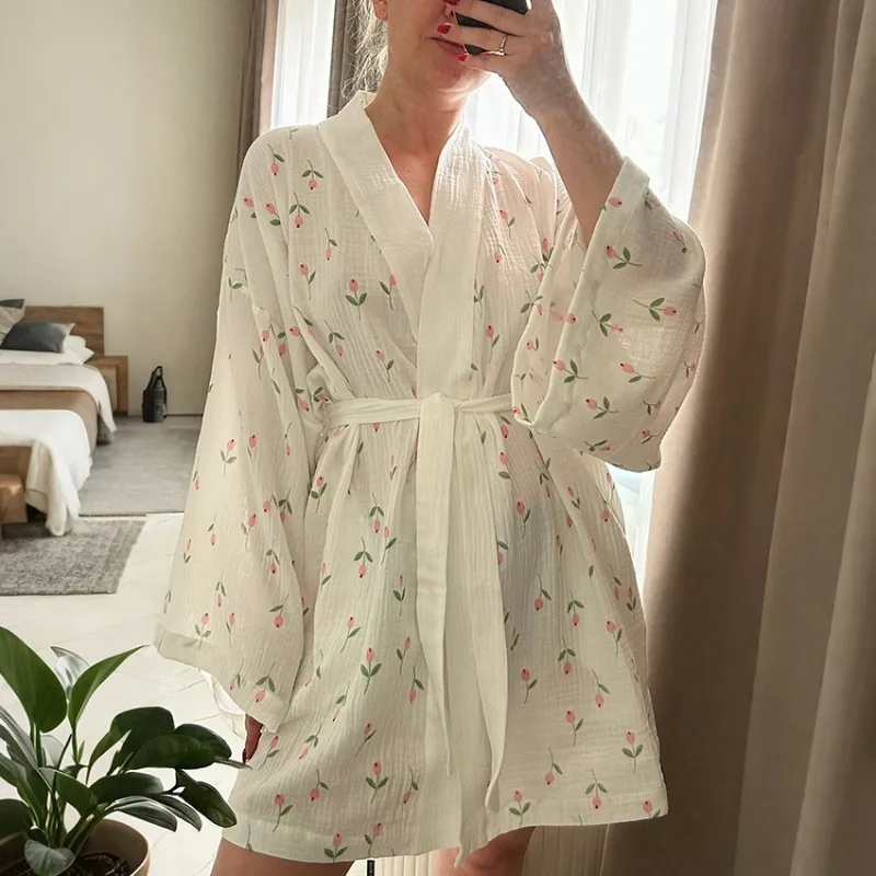 

Women's Loungewear 2026 Long Sleeved Pure Cotton Silk Pajamas Tulip Print Autumn Winter Bathrobes Sweet Cute 2 Pieces L Size