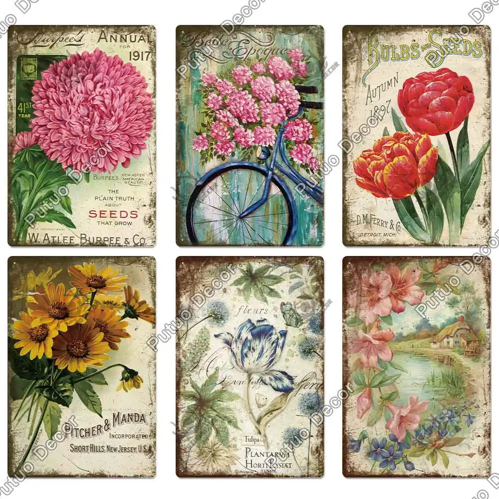 Putuo Decor Flower Vintage Metal Sign Tin Sign Decorative Plaque Garden Living Room Kitchen Club Decor Wall Decoration