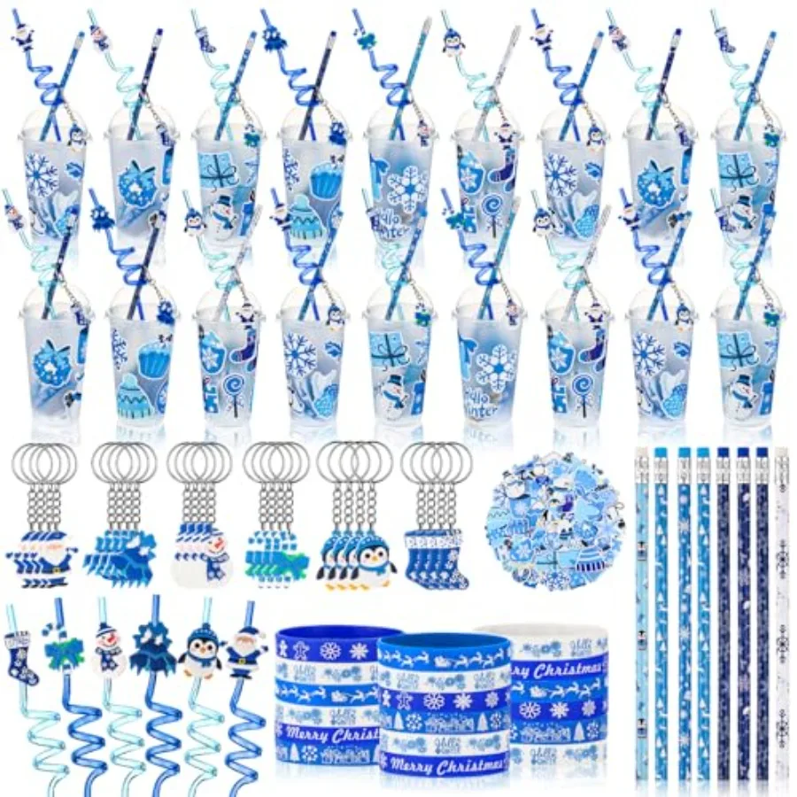 

24 Set Winter Holiday Stationery Party Favors for Students Xmas Gift Cups Filler with Keychain Pencil Straw Silicone Bracelet f