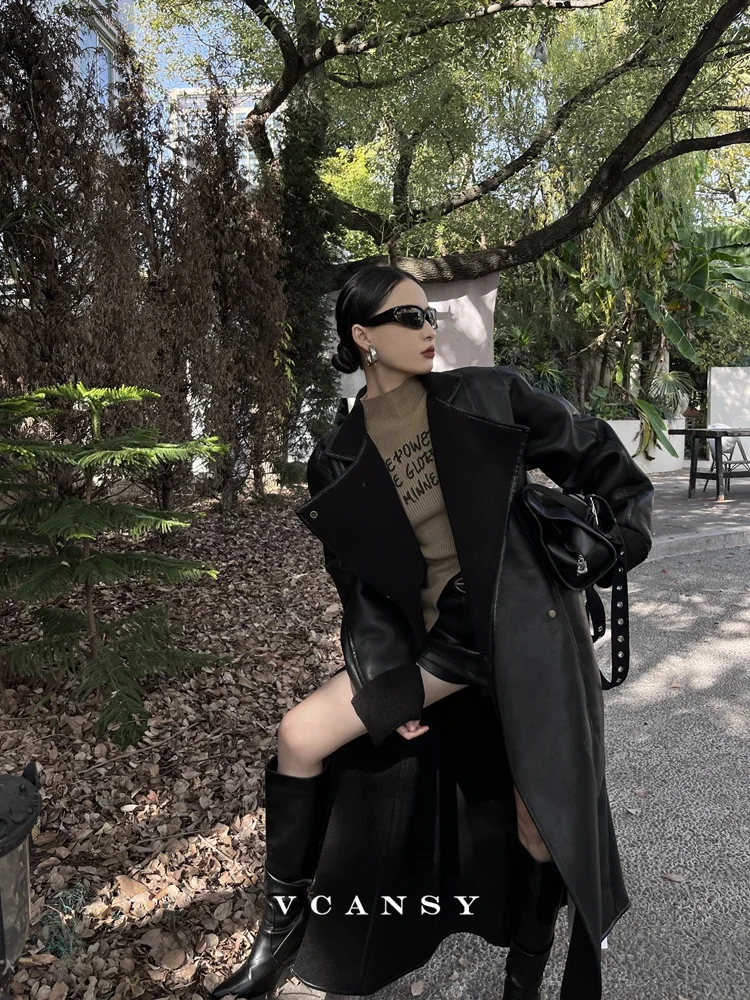 

Vcansy New York Heavyweight Bla Lamb Fur Middle-Length Coat Leather And Fur Inteated Silhouette Leather Jaet Outerwear