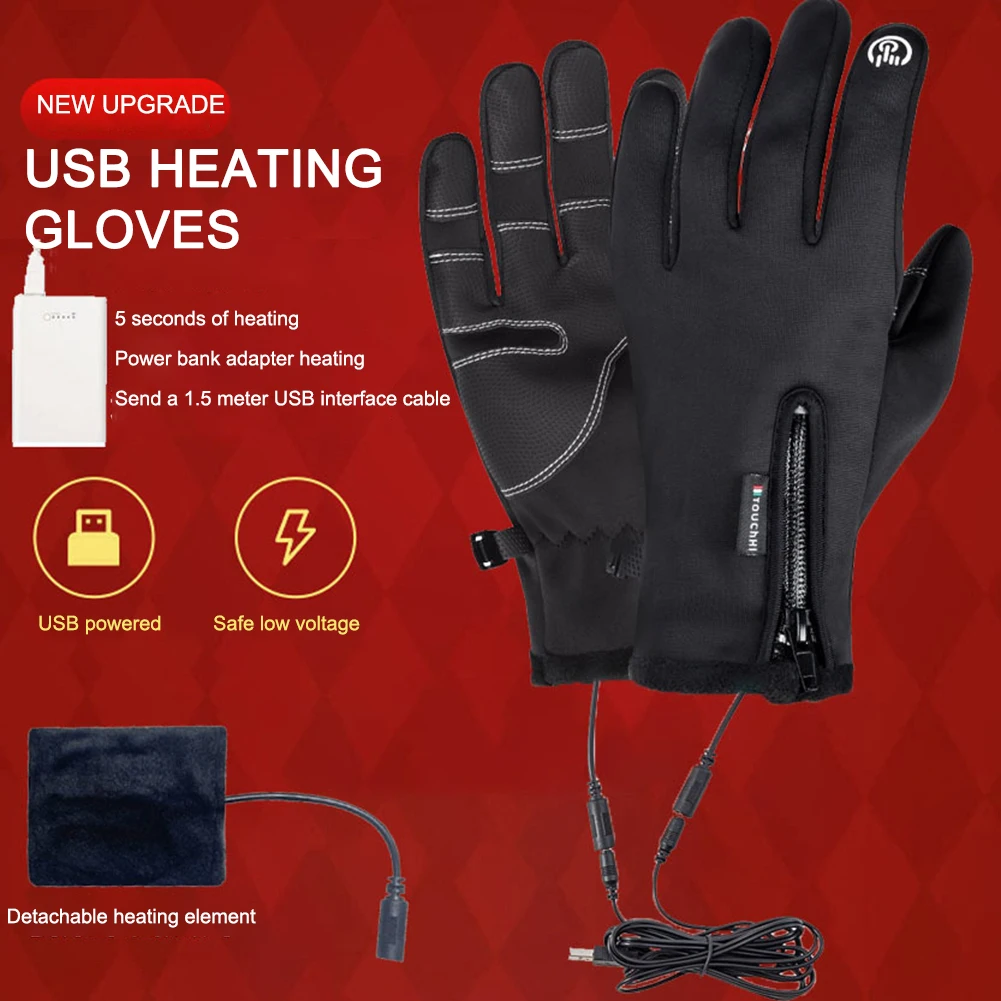Guantes con pantalla táctil USB, guantes térmicos con calefacción, guantes calefactables a prueba de viento para ciclismo, correr, conducir, senderismo, caminar para mujeres y hombres