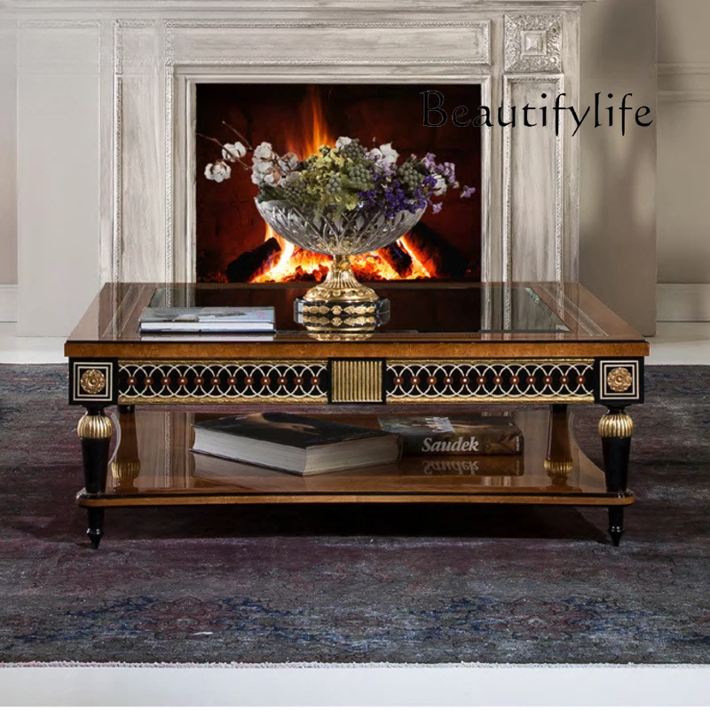 

European solid wood carving flower square coffee table combination high sense simple retro living room furniture