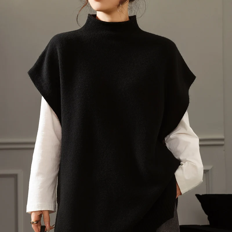 100 Percent Merino Wool Sweater Vest Women Half High Collar Thickened Mid Length Buttons Slit Loose Folding Camisole Knitwear