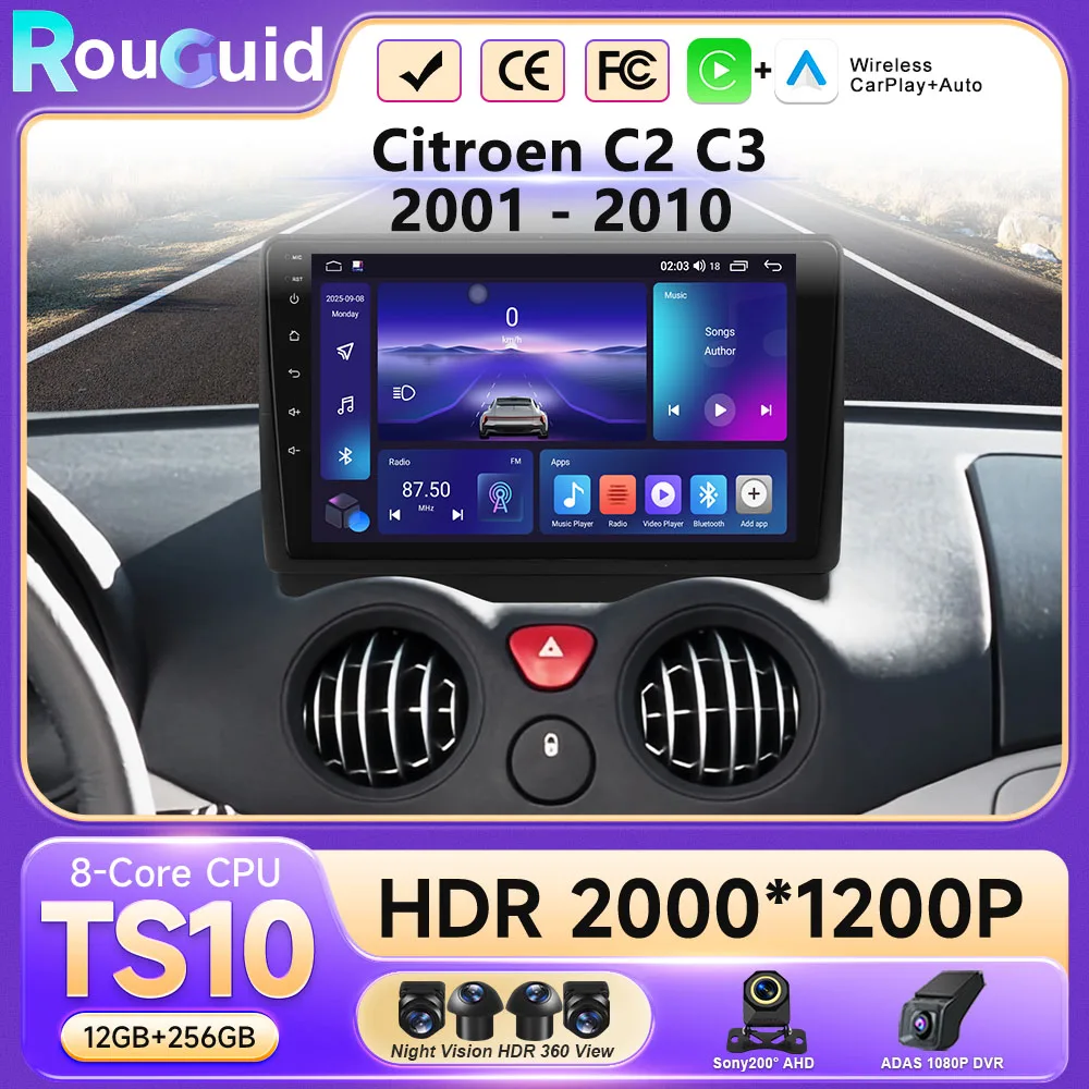 

Автомагнитола Carplay Android 16 для Citroen C2 C3 2001-2010, мультимедийный проигрыватель, навигация GPS, без 2din DVD, QLED