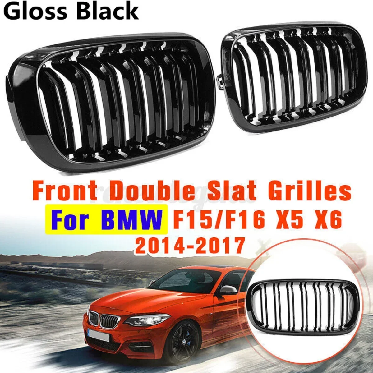 

Glossy Black Car Grille Grill 2 Slat Front Kidney For BMW F15 F16 X5 X6 F85 F86 X5M X6M 2014-2018 Replacement Front kidney Grill