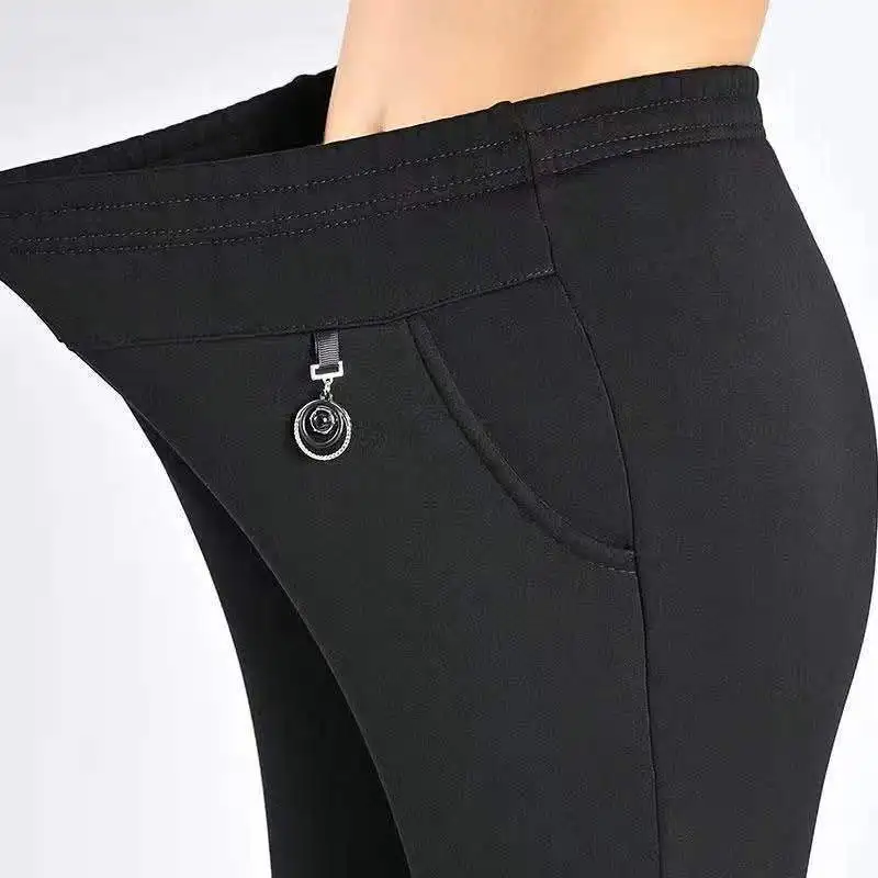 Pantalones rectos de cintura alta elásticos transpirables para mujer, pantalones casuales sueltos con bolsillos sólidos, primavera y verano