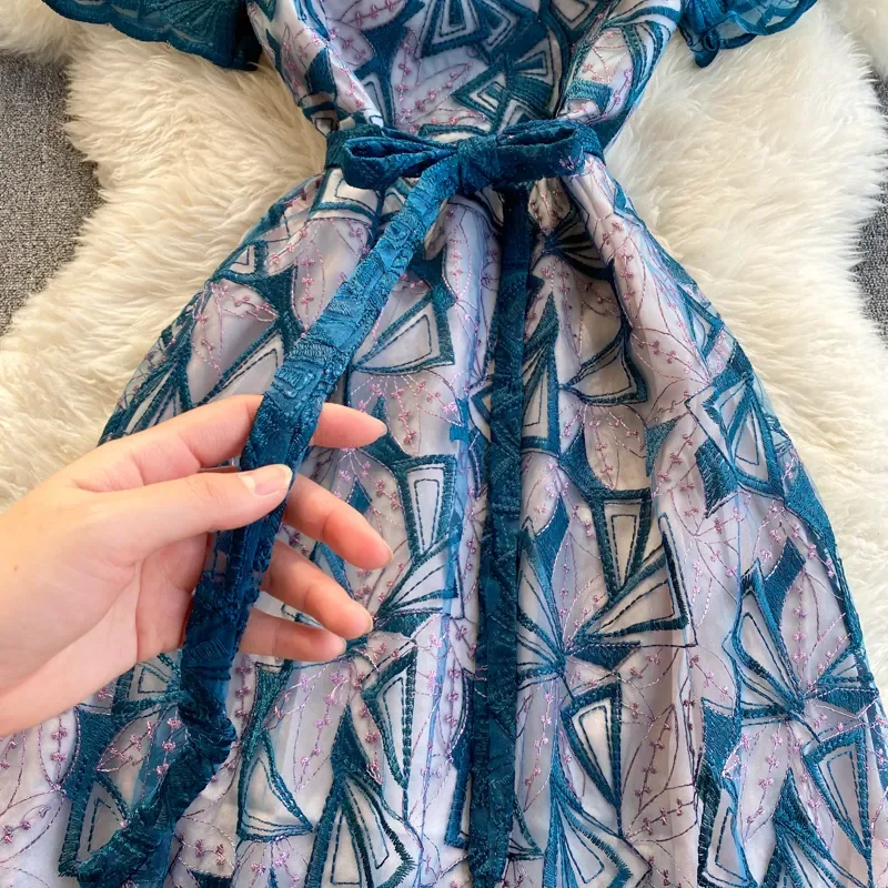 New Vintage Floral Embroidered Short Sleeve Blue Mesh Dress Women Elegant Wavy Edge V Neck Lace-Up Boho Lace Embroidery Vestidos