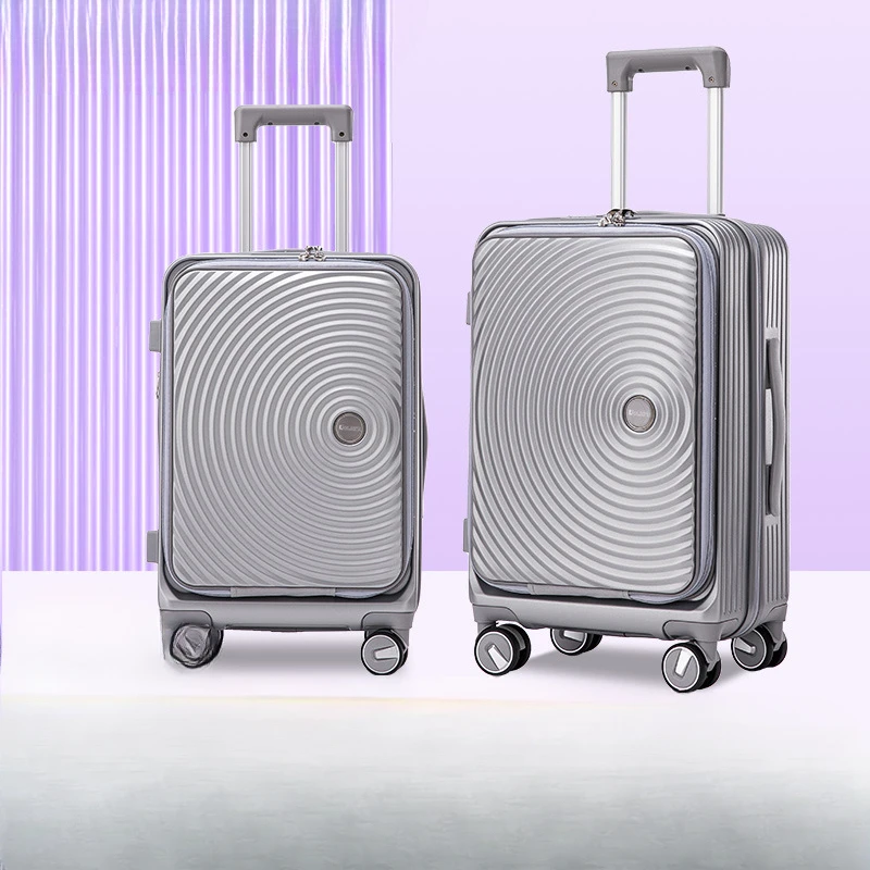 Silver front open zipper luggage Customs combination lock trolley case Leisure travel high appearance horizontal trolley case