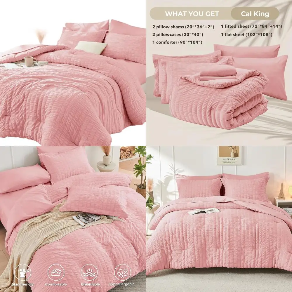 

7-компонентный всесезонный розово-розовый комплект одеял из хлопчатобумажной ткани California King с постельными принадлежностями, простынями, наволочками и шамами