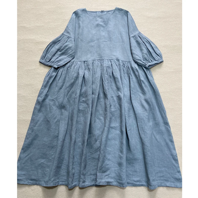 Johnature 2024 Summer Women Vintage Cotton Linen Dress New Solid Color Half Sleeve Pockets Loose Button 3 Colors Female Dresses