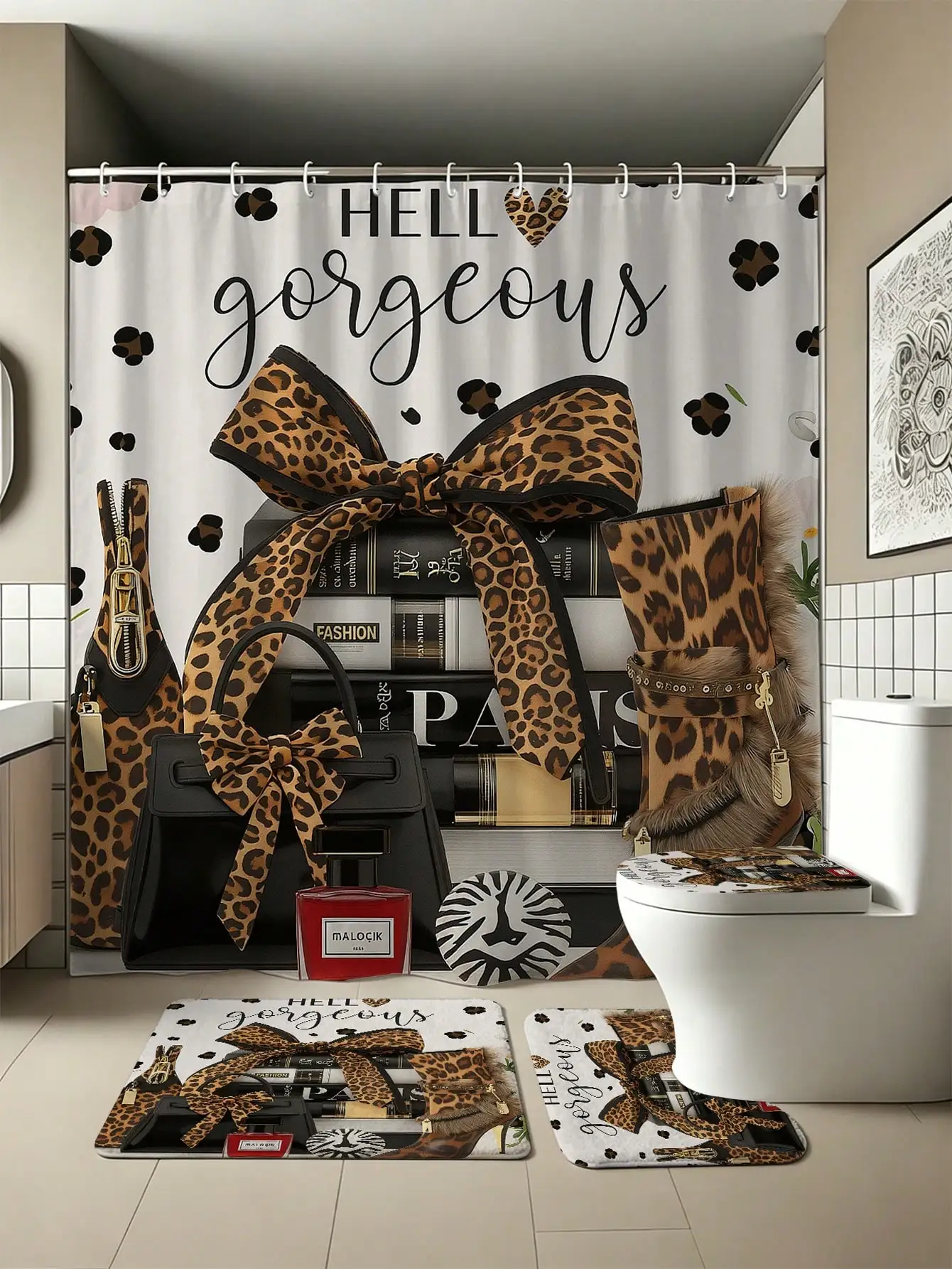 4PCS Leopard Print Bow Fashion Bag Bathroom Set: Shower Curtain (180cm × 180cm), U-Shaped Toilet Seat Cushion, Non-Slip Floor Ma