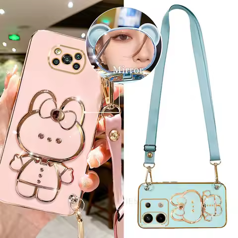 Pocox3pro Crossbody Mirror Holder Silicone Case On For Xiaomi Mi Poco X3 Pro X3pro X5 X6 M6 4g 5g F6 F5 F3 C65 C55 Lanyard Cover