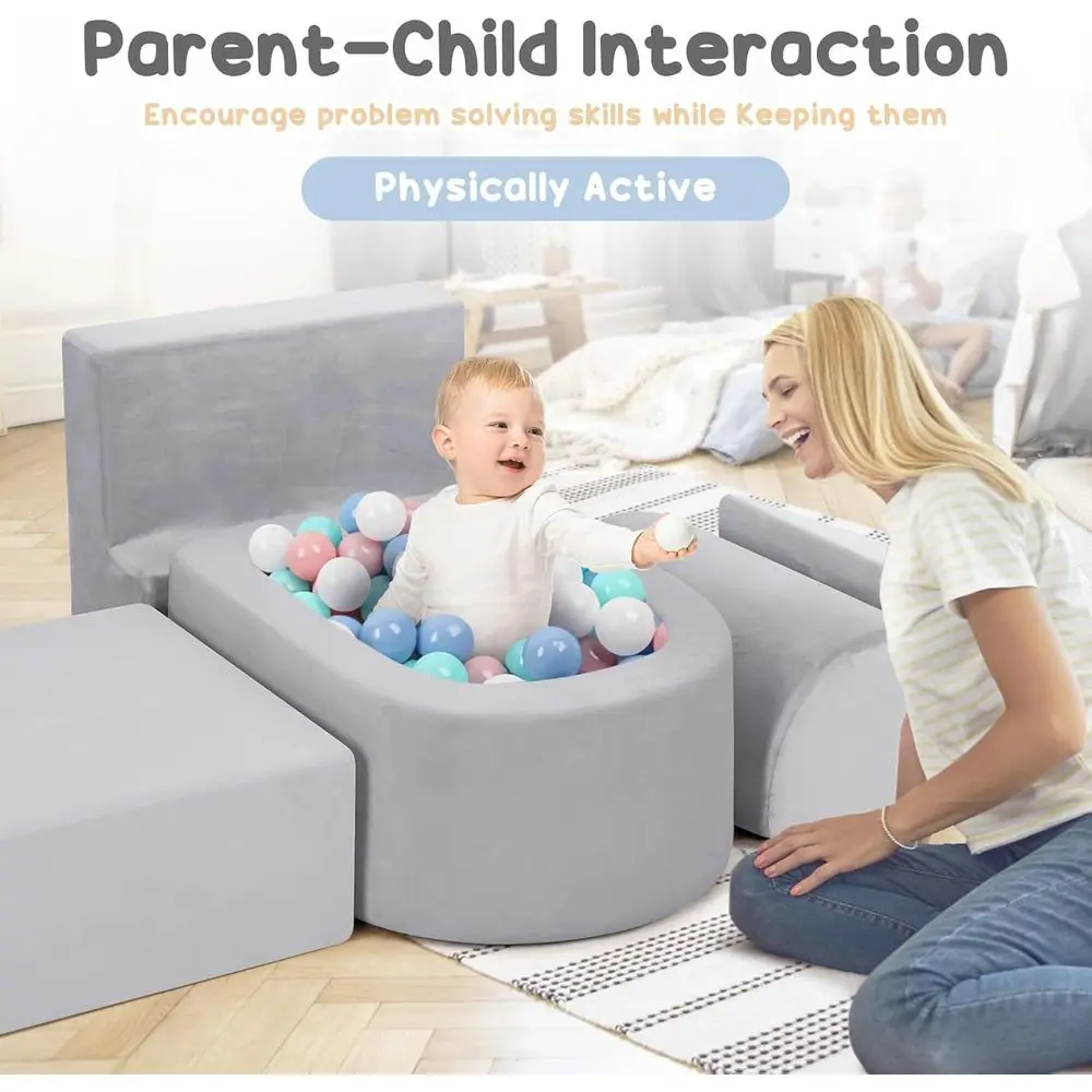 Indoor Toddler Climbing Blocks with Ball Pit, Soft Play Set for Kids (Grey, Balls Not Included)