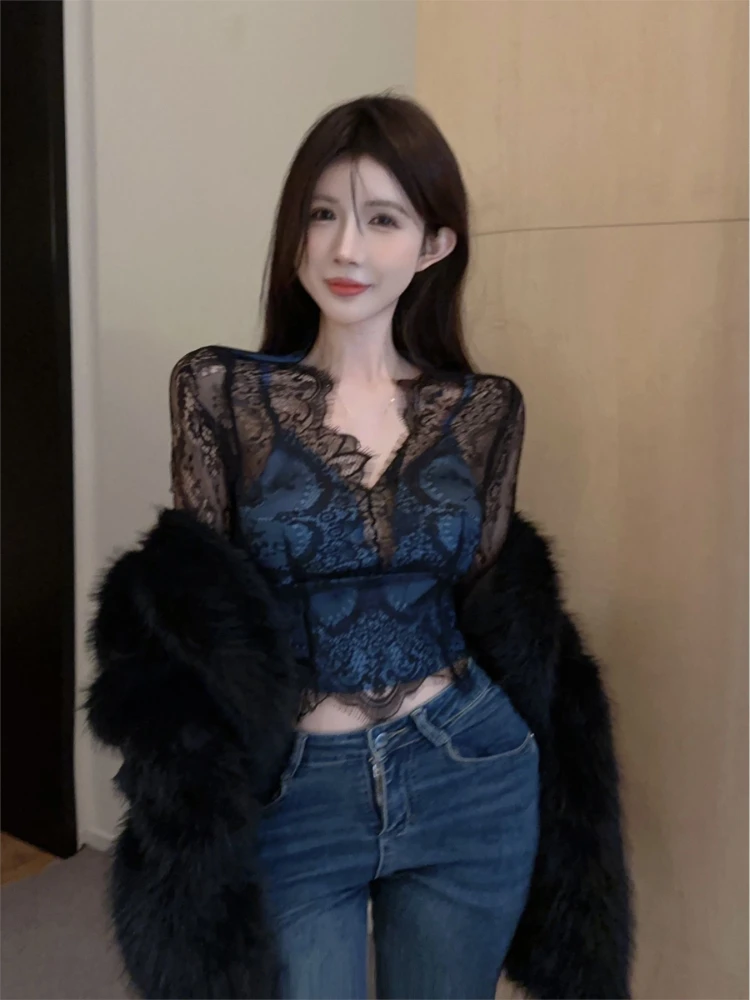 2024 Blusas Mujer De Moda Sexy Lace Blouses for Women V Neck Long Sleeve Shirts Crop Tops Temperament Korean Chic Vintage Blouse