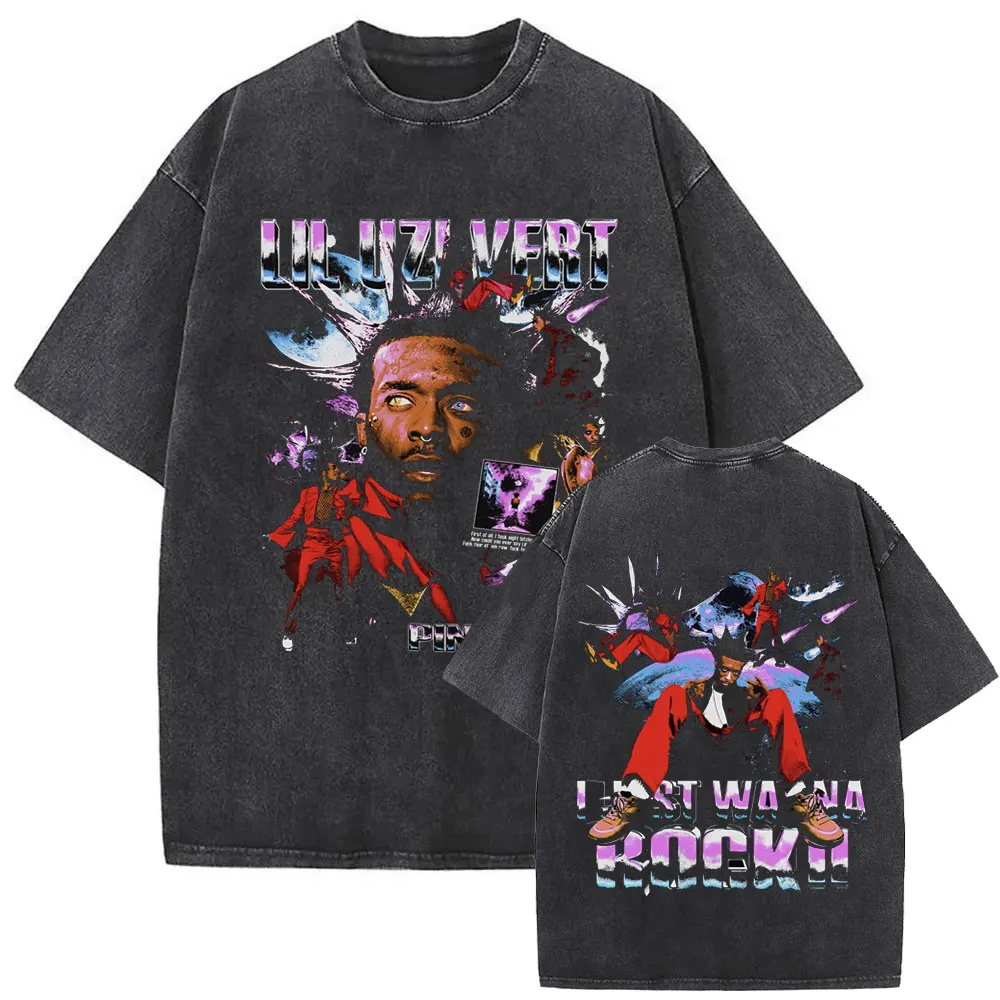 

Rapper Lil Uzi Vert Pink Tape Vintage Washed T Shirt Men Women Hip Hop Short Sleeve Oversized Streetwear Fashion T-shirts Unisex