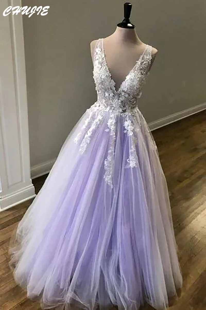 라벤더 Tulle Appliques 댄스 파티 드레스 V 넥 스파게티 스트랩 이브닝 가운 맞춤형 라인 웨딩 파티 드레스 robe soirée