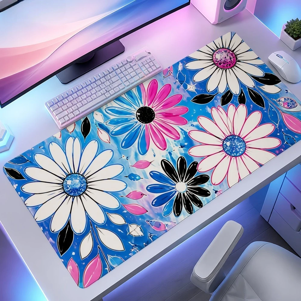 Tapis de souris à fleurs de marguerites bleues et roses, antidérapant, accessoire de décoration de bureau, alfombrillas para escritorio, tapis de souris