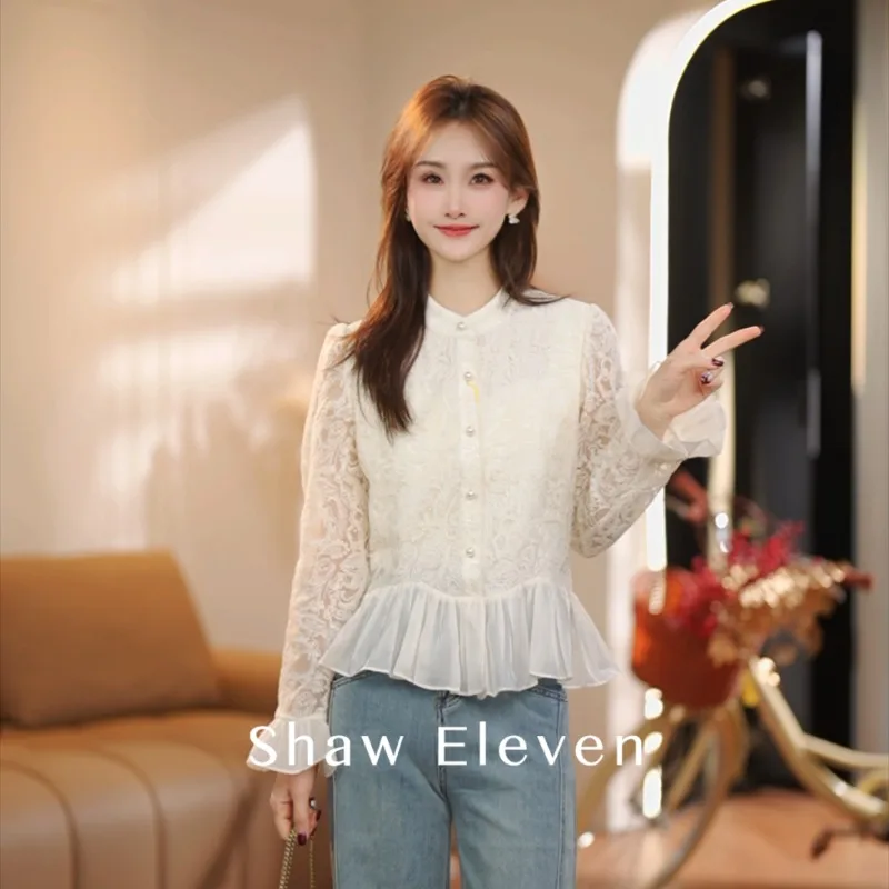 

Темпераментная утягивающая кружевная рубашка с рюшами, весенний новый французский топ 2025 года