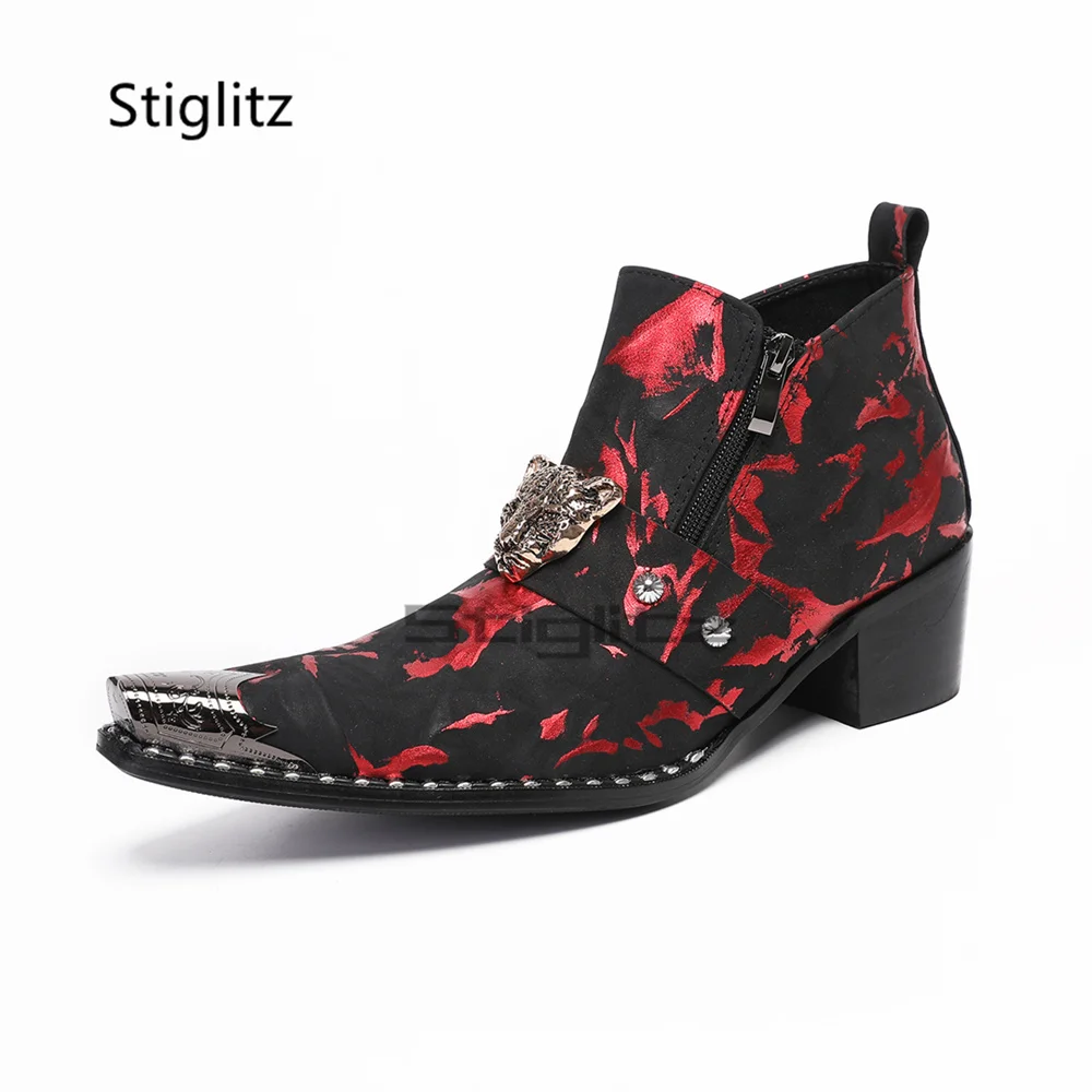 

Men's Black Red Prints Chelsea Boots High Heels Metal Pointed Toe Genuine Leather Zipper Ankle Short Boots Trendy Male Shoes