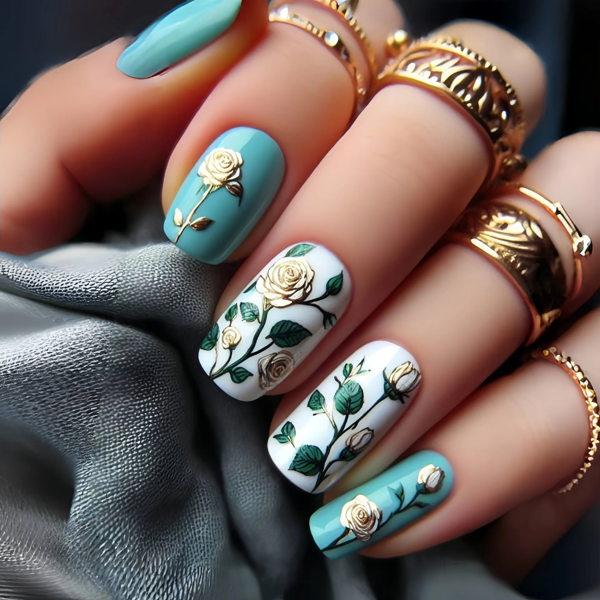 

24 шт. Press on Nails Art Модный синий короткий квадратный набор накладных ногтей Цветочный дизайн Носимые накладные ногти Наконечник с желейным клеем Маникюр