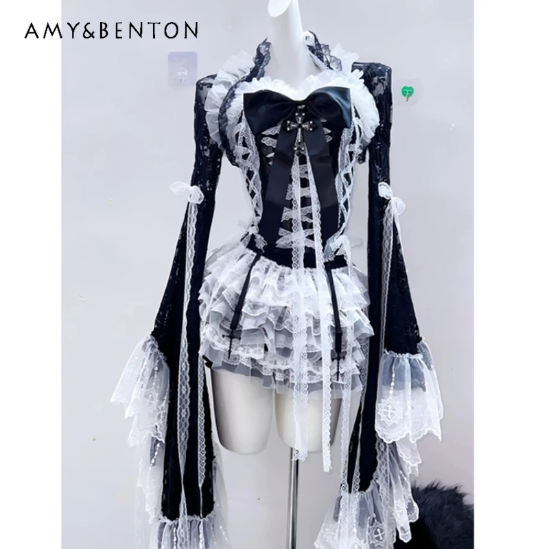 

Gothic Black White Halloween Women's Clothing Original Design 2025 Summer Sweet Cool Versatile Lolita Short Skirt Sets Ladies