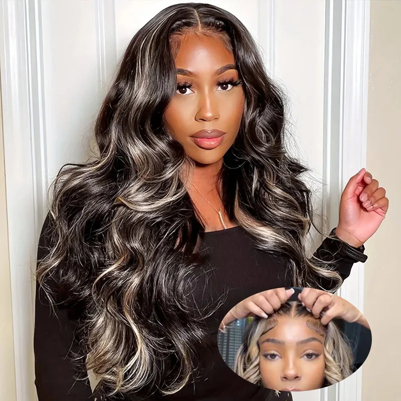 

Balayage 360 Highlight Wear and Go Glueless Wigs Human Hair Body Wave Ombre Lace Front Wig Black and Blond Wavy 4x4 Closure Wigs