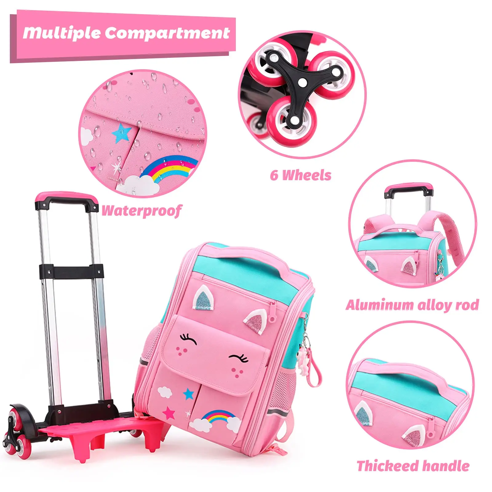 School Trolley Backpack 14 Inch Trolley Backpacks with 6 Wheels for Girls Detachable Elementary Wheeled Backpack for School