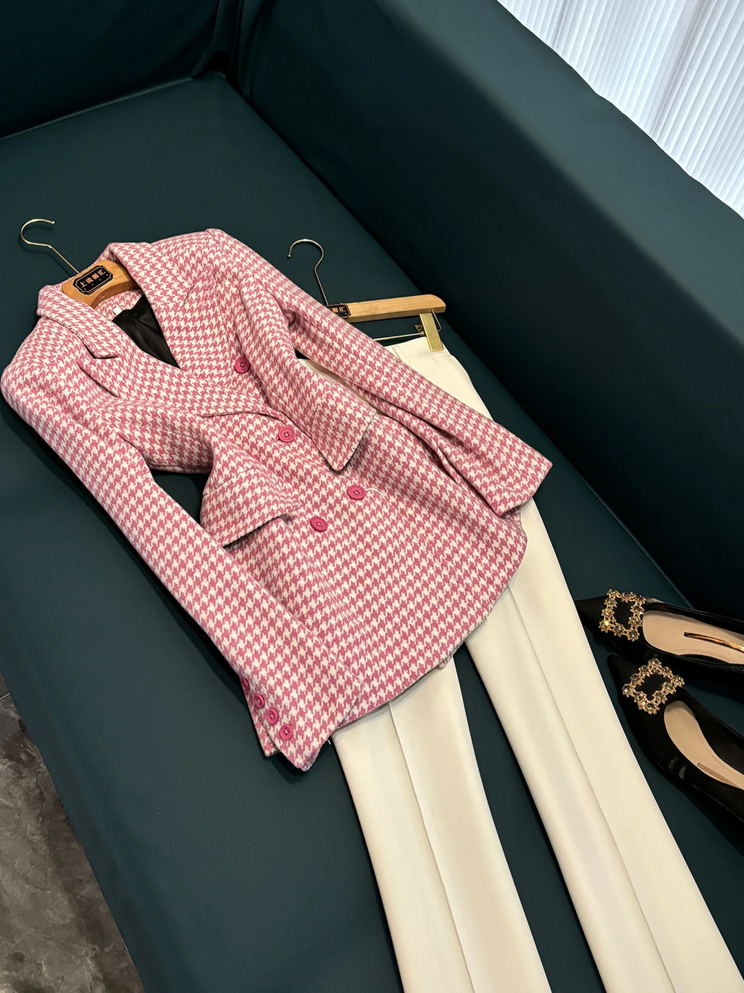 

High-End Quali Winter Woolen Coat Pink Prince of Ws Che Slim Fit Suit Collar Jaet Commute Sle Long Sve Button D...