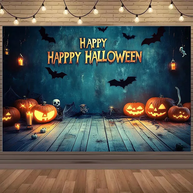1 لافتة خلفية للهالوين - اليقطين والخفافيش والجمجمة ونص "هالوين السعيد" سهل التركيب #1