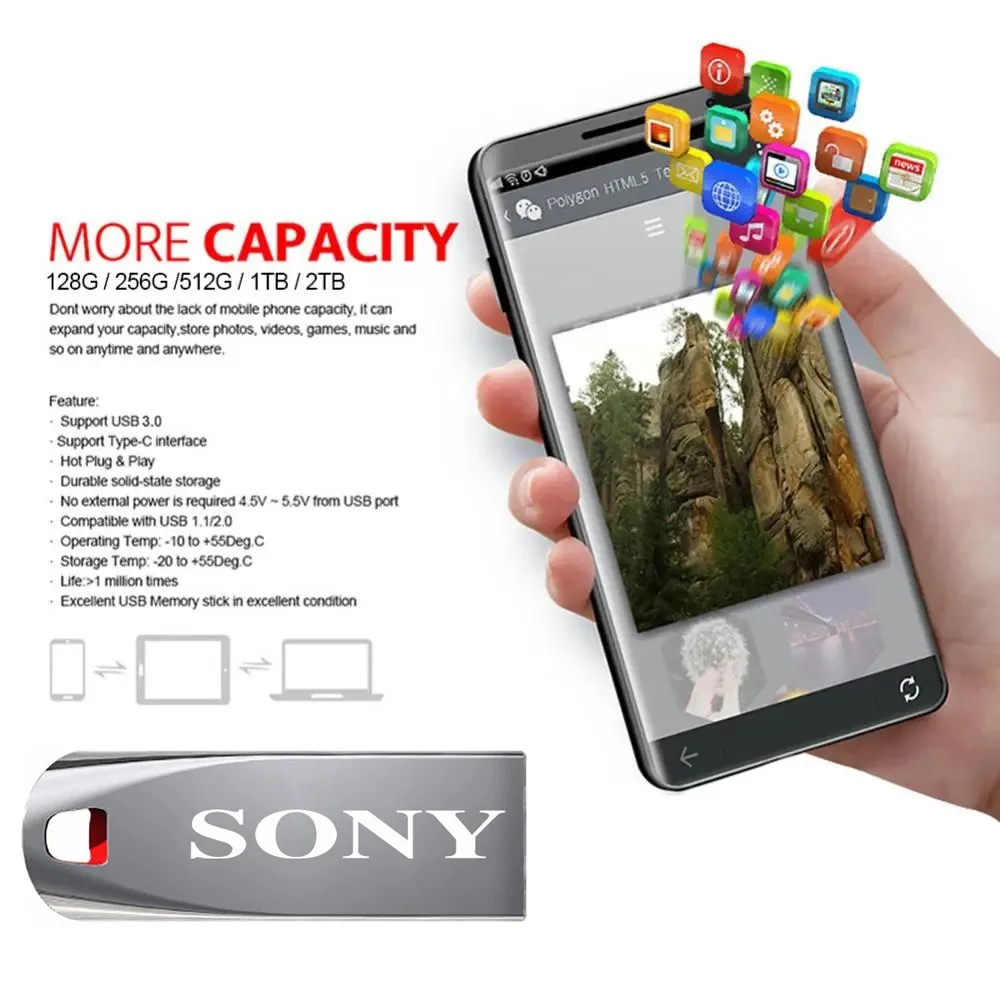 Новый оригинальный SONY 2TB USB Flash 3.0 Drive Metal Real Capacity 1TB 512GB Memory Stick Высокоскоростной флэш-диск Storage U Disk для ПК