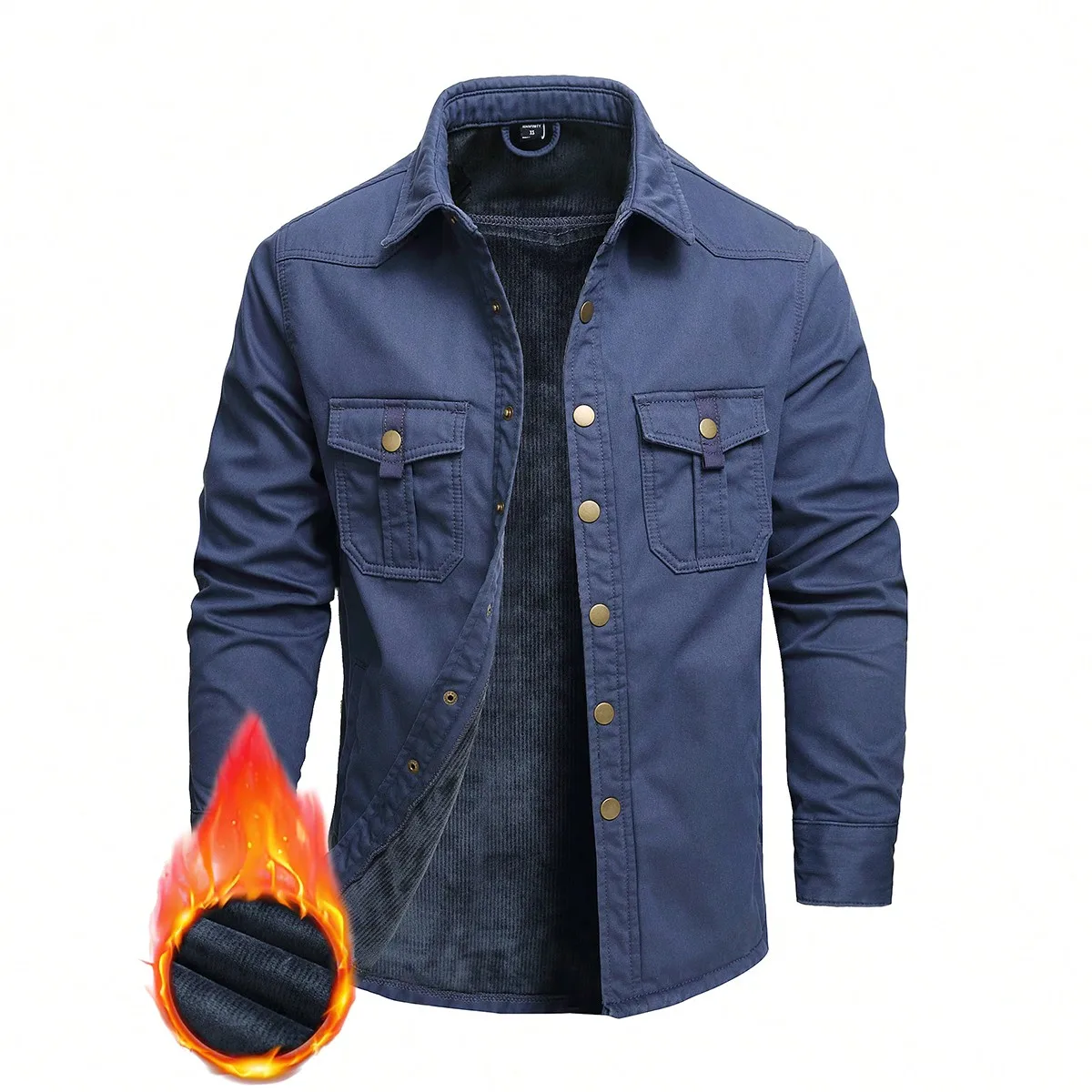 

Men's Dark Blue Fleece - Lined Utility - Style Lapel Jacket, Retro Multi - Pocket Warm Casual Coat