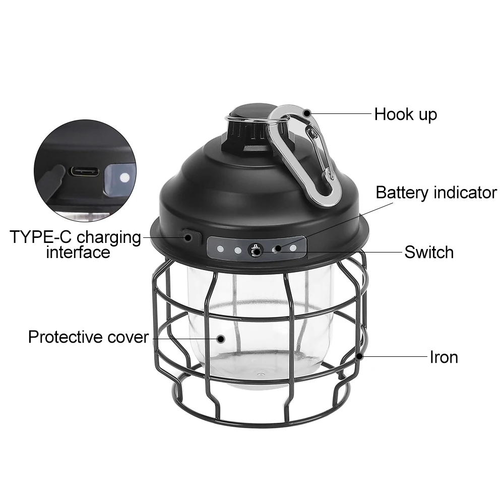 Винтажный металлический подвесной фонарь для кемпинга, с аккумулятором 3600 мАч, теплсветильник светодиодный фонарь для кемпинга, перезаряжаемый фонарь для палатки, уличный фонарь