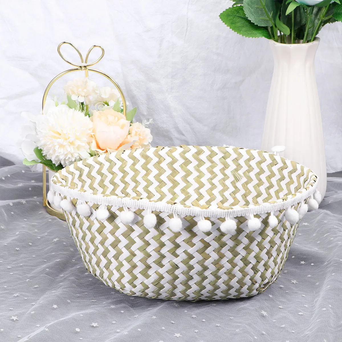 

Foldable Storage Basket Large Straw Organizer For Books Clothing Room Laundry Sundries White Grid Size S Multifunction Basket