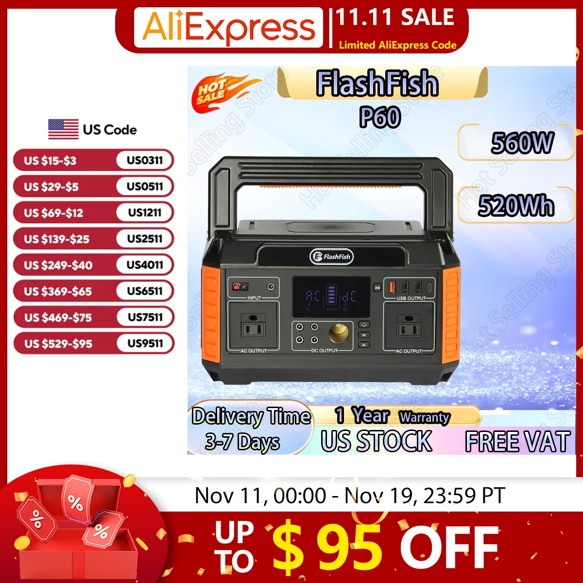 

Портативная электростанция FlashFish P60, солнечный генератор 560 Вт, аккумулятор 520 Втч, резервная батарея для дома, кемпинга, мобильная мощность, легко носить с собой