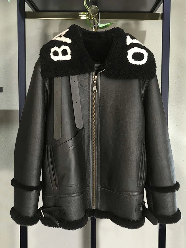 Winter Lamb Fur Lettered Coats Lady's Black Real Sheepskin Clothes Genuine Leather Jacket Women Sherling Motorcycle Leather Coat