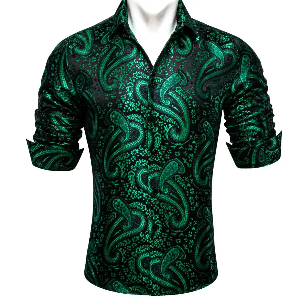 Designer Mens Shirts Silk Long Sleeve Green Black Paisley Embroidered Slim Fit Male Blouses Casual Breathable Tops Barry Wang